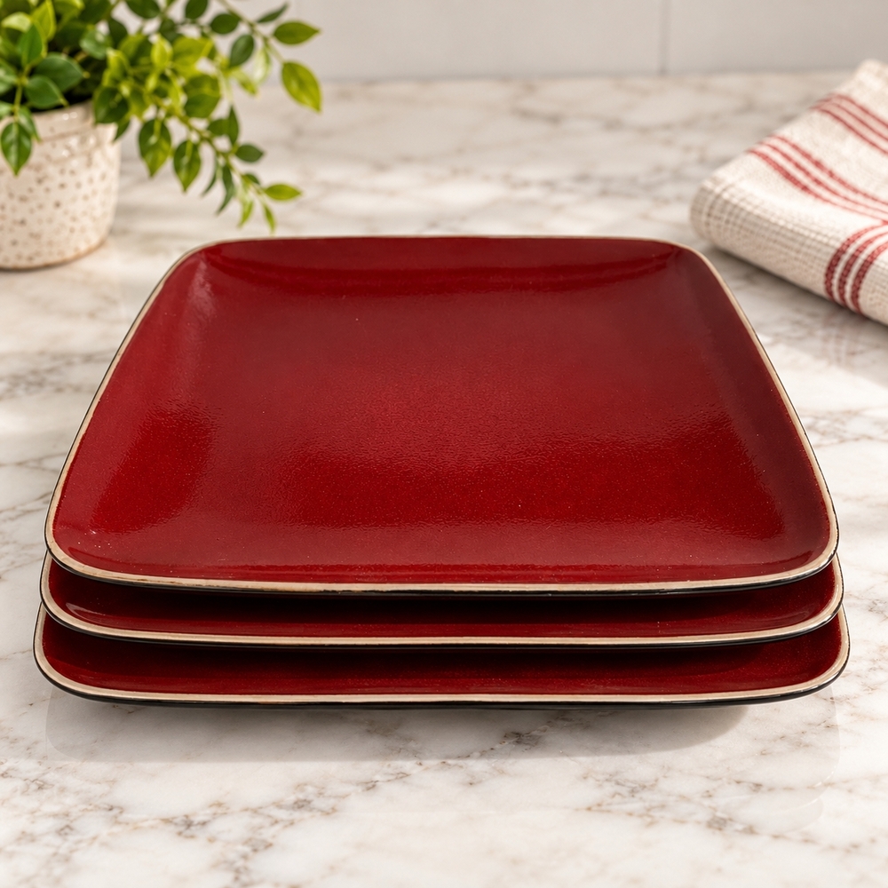 Ty Pennington Style Square Dinner Plates Red Black Set of 3 8.25" VG